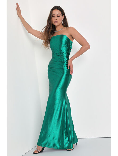 Lulus Good Luxe Charm Green Satin Rhinestone Strapless Maxi Dress