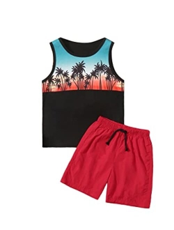 Boy's 2 Piece Outfits Tropical Graphic Letter Print Color Block Short Sleeve Tee and Shorts Set