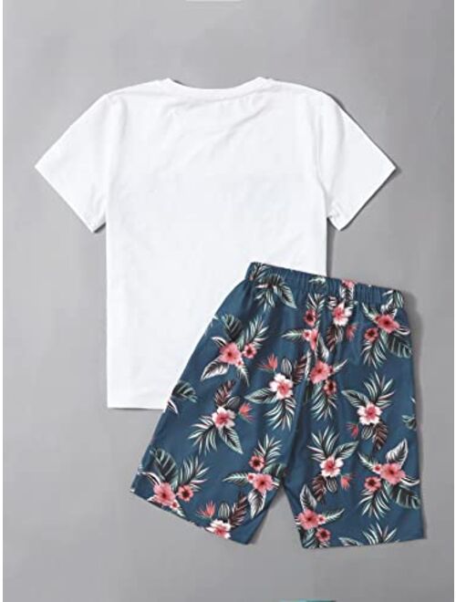 WDIRARA Boy's 2 Piece Outfits Tropical Graphic Letter Print Color Block Short Sleeve Tee and Shorts Set