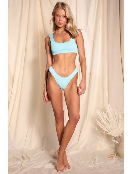 Lulus Just Coasting Blue Ribbed Low-Rise Bikini Bottoms