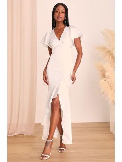 Eternal Bond White Satin Ruffled Flutter Sleeve Maxi Dress