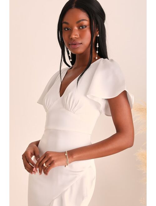 Lulus Eternal Bond White Satin Ruffled Flutter Sleeve Maxi Dress