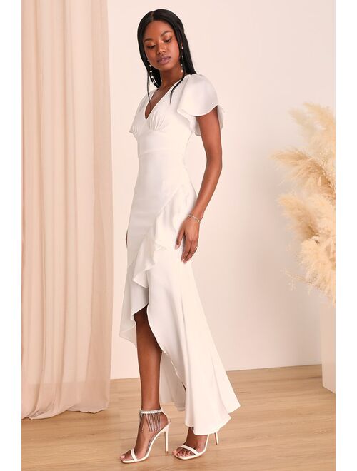 Lulus Eternal Bond White Satin Ruffled Flutter Sleeve Maxi Dress