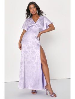 Lovely Admiration Lavender Satin Floral Jacquard Maxi Dress