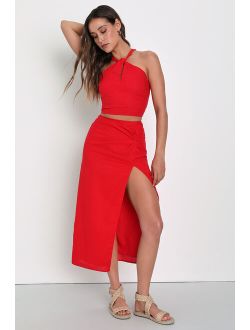 Eye-Catching Passion Bright Red High-Rise Twist-Front Midi Skirt