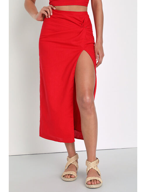 Lulus Eye-Catching Passion Bright Red High-Rise Twist-Front Midi Skirt