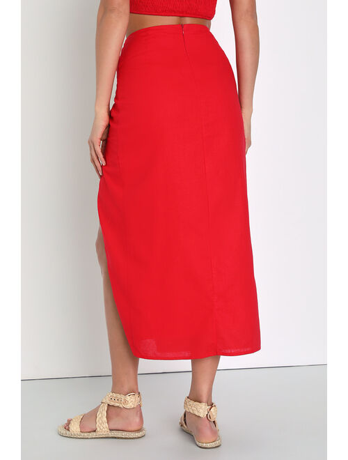 Lulus Eye-Catching Passion Bright Red High-Rise Twist-Front Midi Skirt