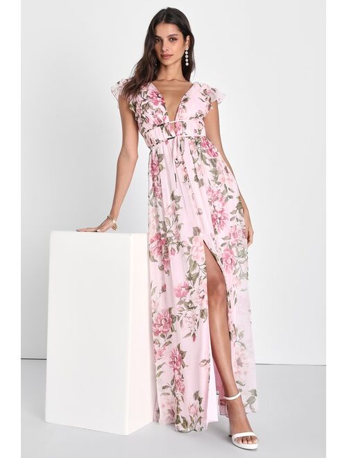 Lulus Blooming Impression Pink Floral Print Ruffled Maxi Dress