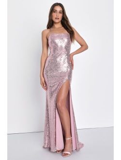 Glow All Out Light Pink Sequin Lace-Up Mermaid Maxi Dress