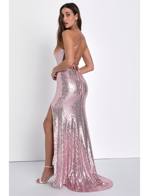 Lulus Glow All Out Light Pink Sequin Lace-Up Mermaid Maxi Dress