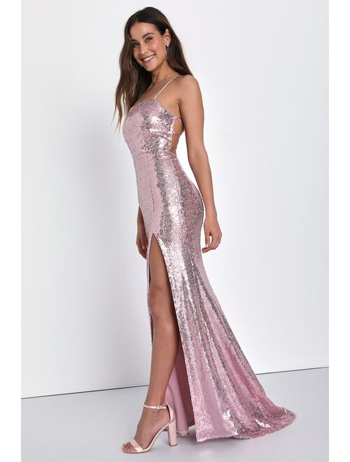 Lulus Glow All Out Light Pink Sequin Lace-Up Mermaid Maxi Dress
