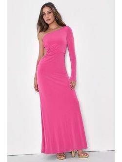 Sweet Flirt Pink Long Sleeve One-Shoulder Cutout Maxi Dress