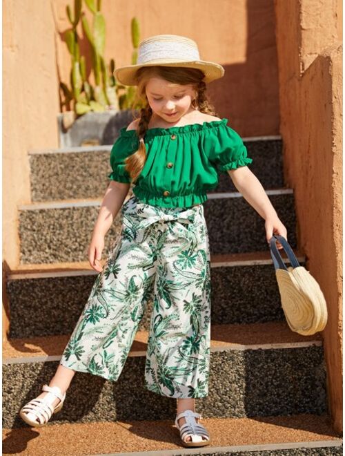 SHEIN Toddler Girls Off Shoulder Frill Trim Top & Tropical Print Wide Leg Pants