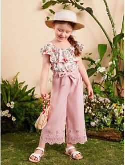 Toddler Girls Floral Print Ruffle Trim Top & Belted Pants