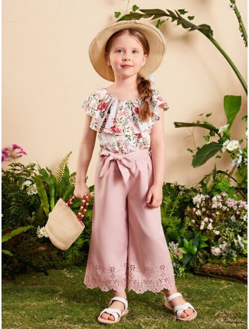 SHEIN Toddler Girls Floral Print Ruffle Trim Top & Belted Pants