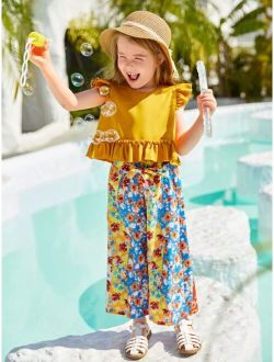 Toddler Girls Ruffle Trim Peplum Top & Allover Floral Print Wide Leg Pants