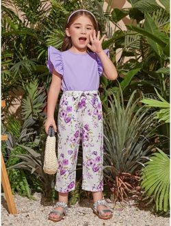 Toddler Girls Ruffle Trim Top & Floral Print Pants