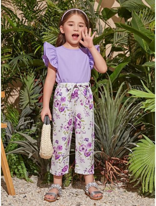 SHEIN Toddler Girls Ruffle Trim Top & Floral Print Pants