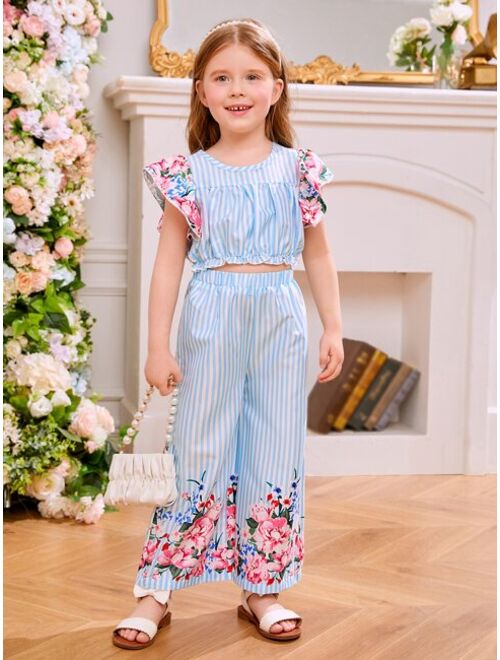 Shein Toddler Girls Striped & Floral Print Flutter Sleeve Top & Wide Leg Pants