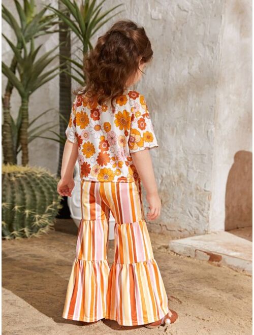 SHEIN Toddler Girls Floral Print Drop Shoulder Top & Striped Ruffle Hem Pants