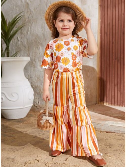 SHEIN Toddler Girls Floral Print Drop Shoulder Top & Striped Ruffle Hem Pants