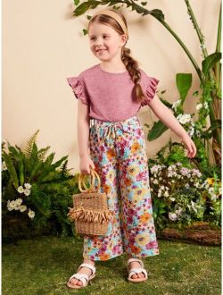 Toddler Girls Flounce Sleeve Tee & Floral Print Belted Pants