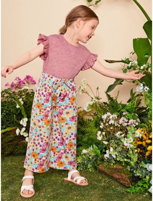 SHEIN Toddler Girls Flounce Sleeve Tee & Floral Print Belted Pants