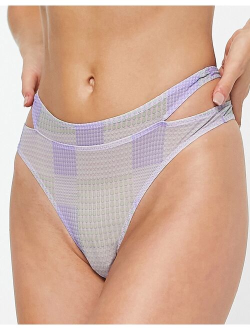 ASOS DESIGN Astrid contrast mesh high leg thong in purple and blue