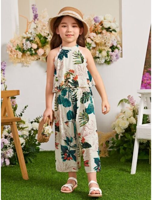 SHEIN Toddler Girls Tropical Print Halter Top & Wide Leg Pants