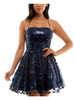 B DARLIN Juniors' Sequined Lace-Up-Back Homecoming Dress