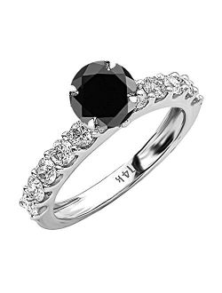2.9 Carat t.w 14K White Gold Classic Side Stone Prong Set Diamond Engagement Ring w/a 2 Carat Round Cut Black Diamond Heirloom Quality