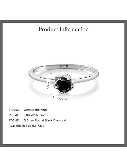 Gem Stone King 10K White Gold Black Diamond Women Solitaire Engagement Ring (0.17 Cttw, Round Cut 3.5MM, Available In Size 5,6,7,8,9)