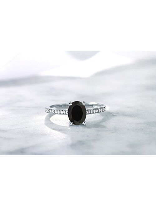 Gem Stone King 10K White Gold Black Onyx and Diamond Women Engagement Solitaire Ring (1.35 Cttw, Oval 8X6MM, Gemstone Birthstone, Available In Size 5, 6, 7, 8, 9)