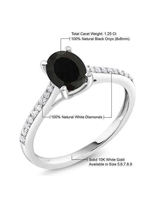 Gem Stone King 10K White Gold Black Onyx and Diamond Women Engagement Solitaire Ring (1.35 Cttw, Oval 8X6MM, Gemstone Birthstone, Available In Size 5, 6, 7, 8, 9)