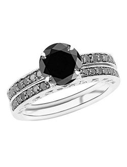 1.02 Carat t.w 14K White Gold Pave Set Black Diamond Engagement Ring and Wedding Band Set w/a 0.75 Carat Round Cut Black Diamond Heirloom Quality