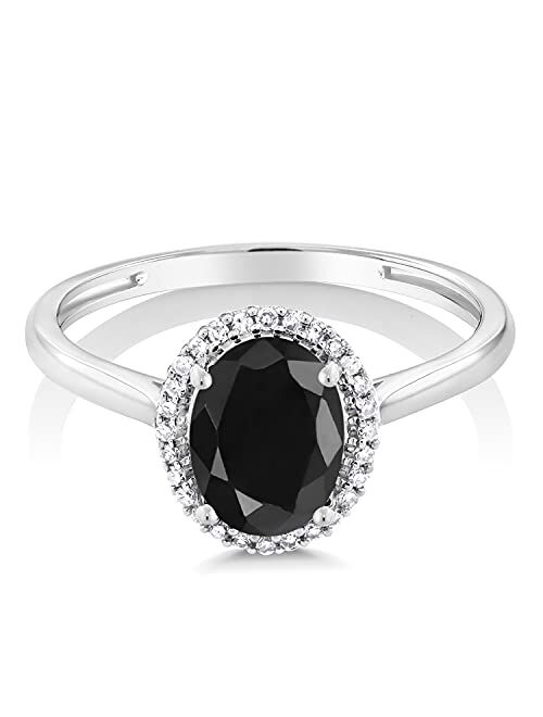 Gem Stone King 10K White Gold Black Sapphire and White Diamond Women Halo Engagement Ring (1.66 Cttw, Oval 8X6MM, Gemstone Birthstone, Available In Size 5, 6, 7, 8, 9)