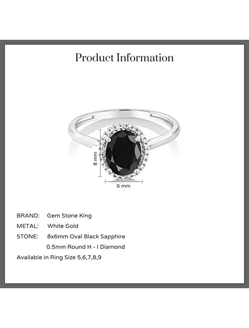 Gem Stone King 10K White Gold Black Sapphire and White Diamond Women Halo Engagement Ring (1.66 Cttw, Oval 8X6MM, Gemstone Birthstone, Available In Size 5, 6, 7, 8, 9)