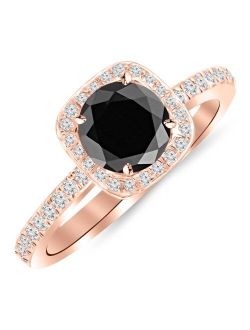 1.25 Carat 14K White Gold Classic Halo Style Cushion Shape Diamond Engagement Ring with a 1 Carat Black Diamond Center (Heirloom Quality)