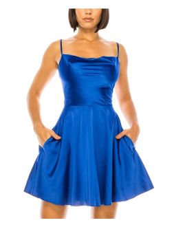 B Darlin Juniors' Cowlneck Satin A-Line Lace-Up-Back Homecoming Dress
