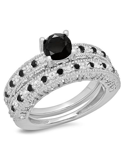 Dazzlingrock Collection 1.50 Carat (ctw) Round Black & White Diamond Bridal Vintage Engagement Ring Set 1 1/2 CT, Sterling Silver