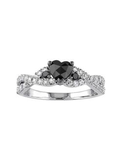 unbranded Sterling Silver 5/8 Carat T.W. Black Diamond & Lab-Created White Sapphire Heart Engagement Ring