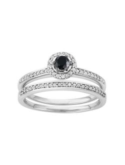 10k White Gold 1/2 Carat T.W. Black & White Diamond Halo Engagement Ring Set