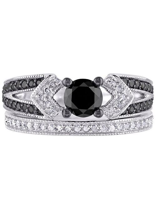 Stella Grace Sterling Silver 1 1/8 Carat T.W. Black & White Diamond Engagement Ring Set