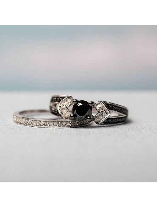 Stella Grace Sterling Silver 1 1/8 Carat T.W. Black & White Diamond Engagement Ring Set