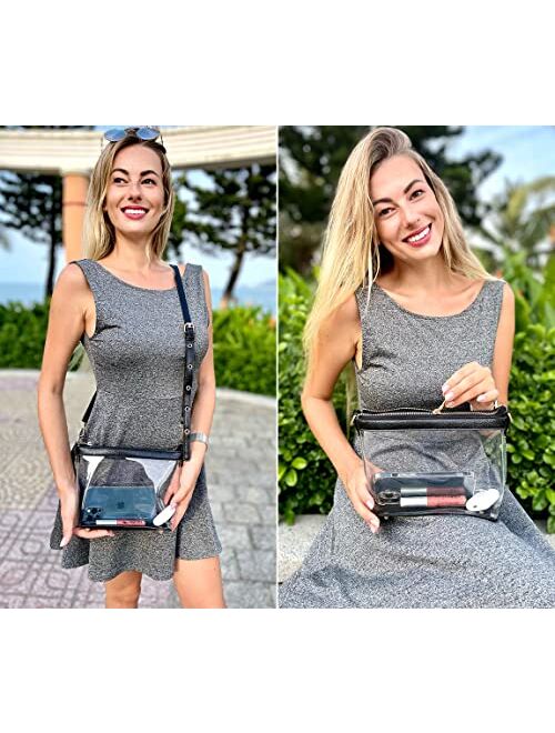Y&R Direct 3-IN-1 Clear Zipper Crossbody Bag with Vegan Leather Trim Clear Purse for Stadium Festival Concert Gameday Gifts