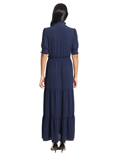 London Times Women's Smocked Puff SLV Ruffle Nk Tiered Midi Dress