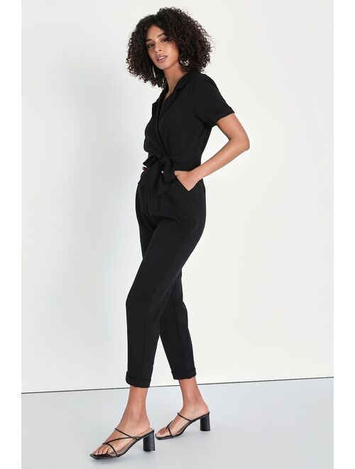 Lulus Sensible Sensation Black Tie-Front Short Sleeve Jumpsuit