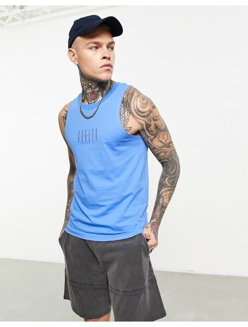 ASOS DESIGN standard tank top in blue with Brooklyn text chest print