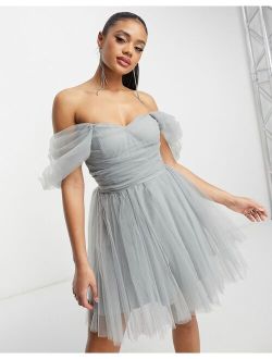 Lace & Beads exclusive wrapped tulle mini dress in light gray