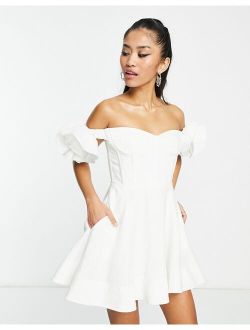 Bardot ruffle sleeve corset mini dress in white